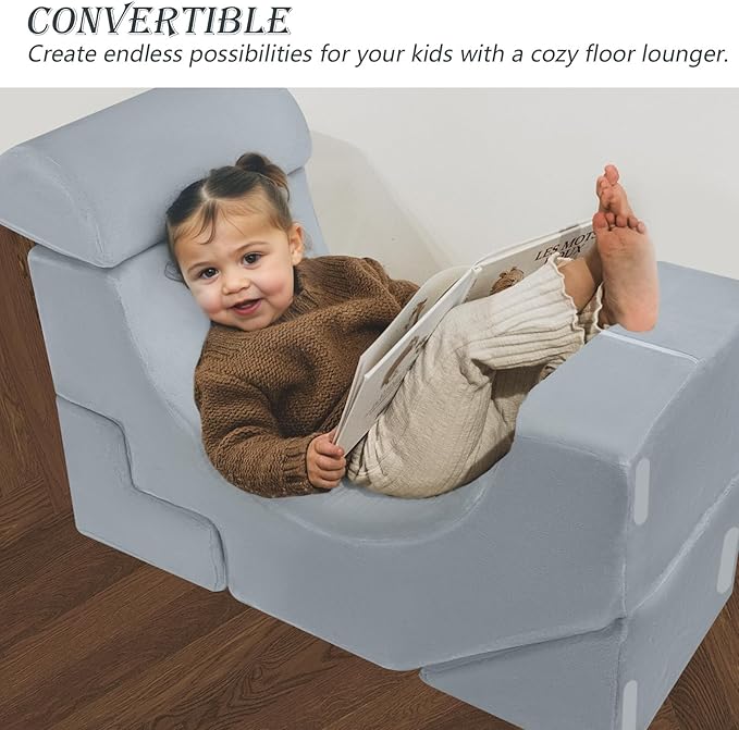 MeMoreCool Modular Kids Sofa – Convertible Foam Couch with Slide & Stair, Playroom & Bedroom Sectional Child Furniture | Soft Washable Cover | Ages 3+ | Grey