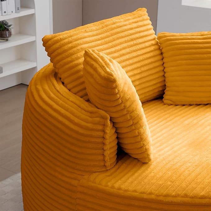53"W Oversized Round Chaise Longue Chair Indoor,Corduroy Fluffy Comfy Cloud Chair,Circle Bean Bag Sofa with Foam Filling & Pillows,Boneless Reading Cozy Sofa Chairs for Living Room,Bedroom,Yellow