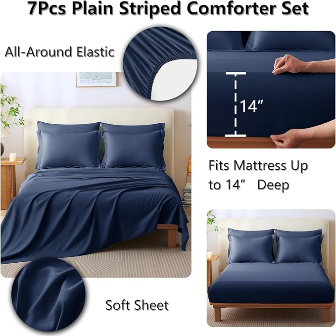 CozyLux Oversized King Comforter Set - 7 Pieces Bed in a Bag Navy Blue Comforter Set with Sheets All Seasons Bed Set, Soft Bedding Set with Down Alternative Comforter, Sheets, Pillowcases & Shams
