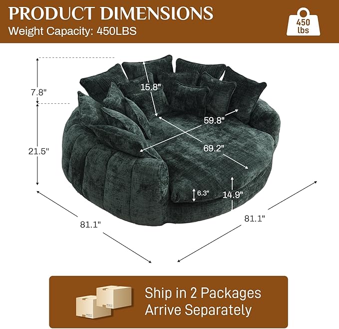 81" Oversized Bean Bag Chair Boneless Round Chaise Lounge Comfy Chenille Reading Chair Fluffy Plush Sofa Bed Large Deep Seat Circle Cloud Couch for Living Room, Bedroom, Apartment, Green