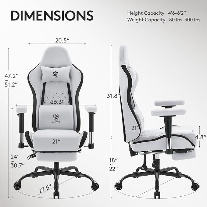 Gaming Chair Breathable Fabric,Computer Office Chair with Footrest,Massage Lumbar Support and Gel Pad,Ergonomic Reclining Gamer Chair with Adjustable Armrests and Spring Cushion Grey Black