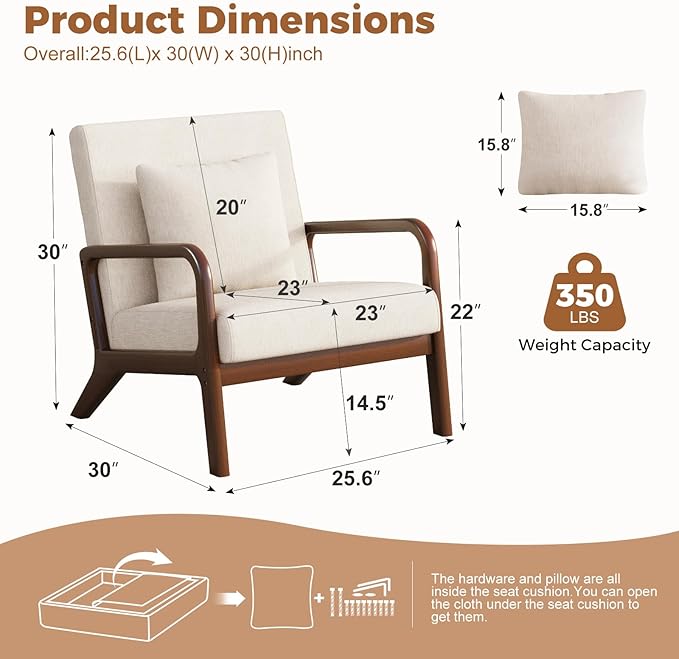 ELUCHANG Mid-Century Modern Chair,Accent Chair with Lumbar Pillow,Upholstered Armchair,Linen Fabric Comfy Reading Chair Beige, Linen, Set of 1