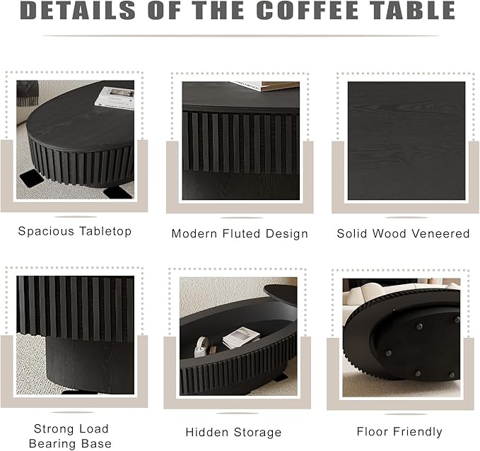 FGXJY Oval Coffee Table with Storage, Modern Black Coffee Table with Solid Wood Veneered, Fluted Center Table Wood Drum Tea Table for Living Room Apartment, 47.2''L×23.6''W×14.2''H