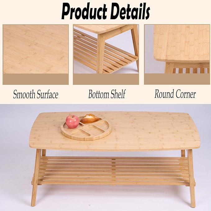 Bamboo Coffee Table Folding Floor Table,Floor Desk for Adults Low Table for Sitting on the Floor Folding Table for Living Room Japanese Table Bamboo 19.7x38.6in with Open Storage Shelf,No Assembly