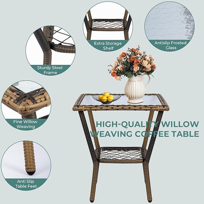 Sgentle 3 Piece Wicker Rocking Chairs, Outdoor Patio Rocking Chairs Set of 2 with Side Table, All-Weather Outdoor Rattan Rocking Chair with Cushions & Frame for Lawn Porch Garden (Red, Style 4)