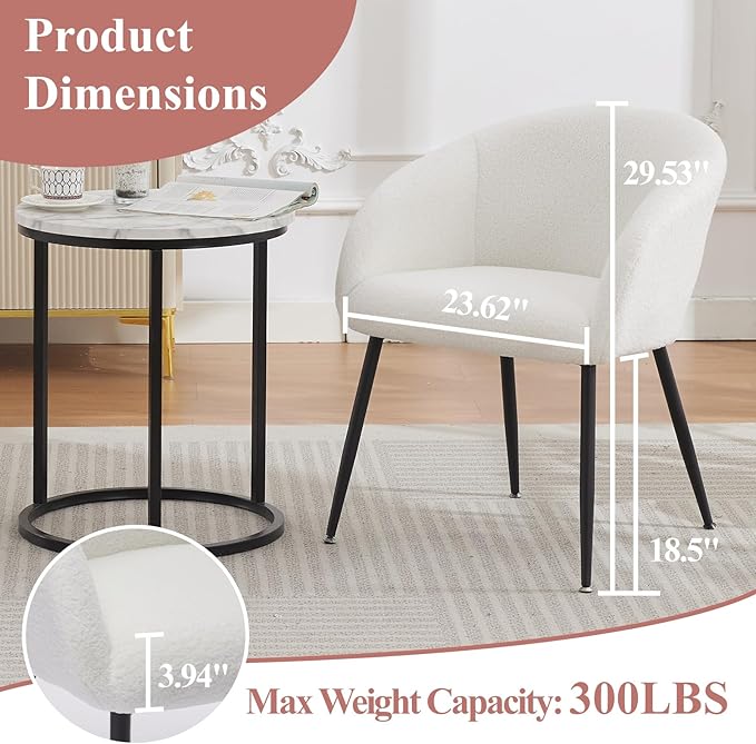 Modern Small Accent Chair Set of 2, Comfy Sherpa Makeup Vanity Chair with Metal Legs, Decorative Chair no Wheels for Living Room, Dressing Room, Bedroom, White