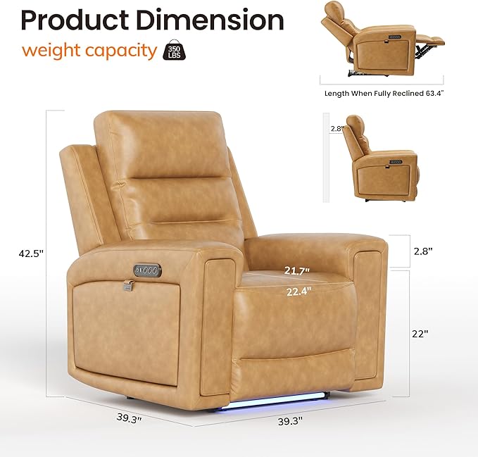 COLAMY Aura Triple Motors Power Recliner Chairs with USB and Type C Port, Home Theater Chair with LED Lights, Electric Wall Hugger Recliner for Living Room, Light Brown