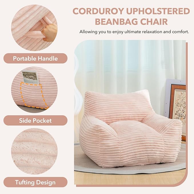 Giant Bean Bag Chair for Adults, Corduroy Upholstered Beanbag Chair with Side Pocket, Comfy Bean Bag Sofa with Portable Handle, Floor Sofa Chair for Bedroom (Pink)