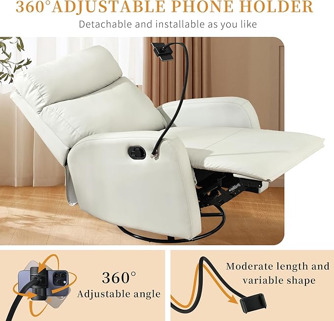QKFF Swivel Rocker Recliner Chair for Nursery, Upholstered 360° Leather-air Glider Rocking Chair with Phone Holder, Manual Small Recliners for Small Spaces Living Room