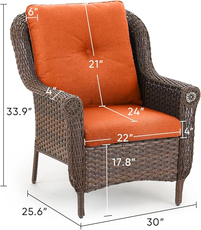 ACTREST Patio Wicker Chairs Outdoor Furniture Chair - Set of 4 Outside All Weather Lawn Dining Brown Rattan Armchair with High Back&Deep Seating for Deck Porch Balcony Backyard Garden - Orange