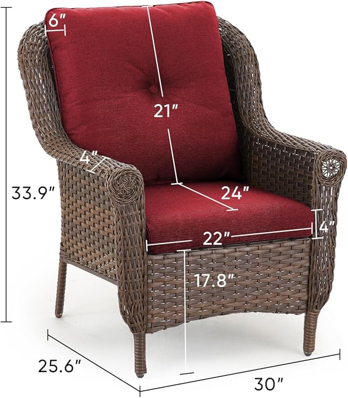 ACTREST Patio Wicker Chairs Outdoor Furniture Chair - Set of 4 Outside All Weather Lawn Dining Brown Rattan Armchair with High Back&Deep Seating for Deck Porch Balcony Backyard Garden - Red
