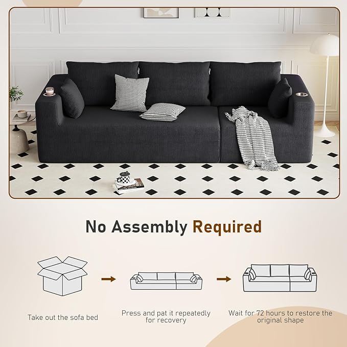 Furnimart 112" Oversized 3 Seater Sleeper Couch, Sectional Sofa Bed Boneless Cloud Couches for Living Room, Modern Deep Seat Modular Sofa, No Assembly Corduroy Black