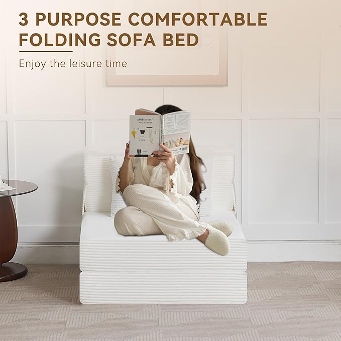 WUTUTUEE Folding Sofa Bed Convertible Floor Couch Foldable Chair Bed with Pillow，Linen Sleeper Chair Futon,Foldable Memory Foam Mattress for Bedroom/Living Room/Dorm/Office (Corduroy White, Single)