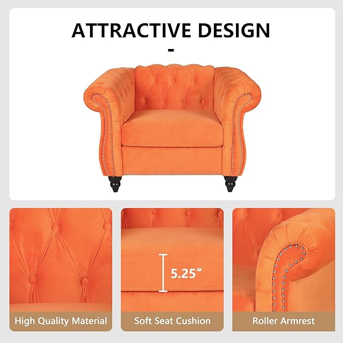 QHITTY Accent Chair, Chesterfield Chair Modern Velvet Upholstered Chairs with Tufted Back for Living Room Furniture (Orange)