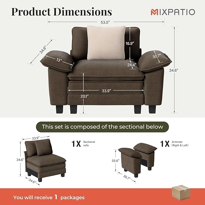 MIXPATIO 53.5" Cloud Modular Sectional Single Sofa, Deep Seat Armchair with Plush Chenille & Removable Arms for Living Room, Taupe