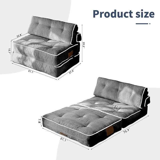 Fareforth Convertible Folding Sofa Bed, Sleeper Couch with Pillows Foldable Floor Chair with Back Support, Lounge Sofa for Living Room, Double, Grey