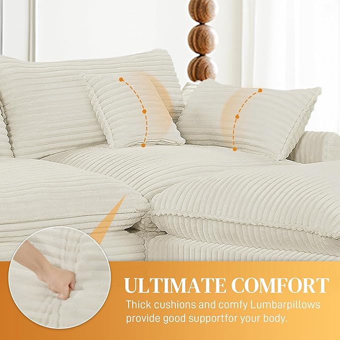 HYJT-H&K 145" U Shaped Cloud Couch Modular Beige Sectional Couches for Living Room, Comfy Fluffy Corduroy Oversized Cloud Sectional Couch Large 6 Seat Sectionals Sofa Set Central Console USB Port