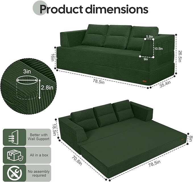 COMAX Futon Sofa Bed Queen, 79" Convertible Sofa Bed Couches for Living Room, 4 in 1 Folding Boneless Sleeper Corduroy Couch Loveseat Foam In a Box, Comfy Foldable Lounge Fold Out Floor Mattress Green