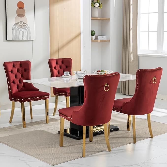 YeahFurn Mid Century Modern Dining Chairs Set of 2, Red Velvet Upholstered Tufted Back, Kitchen & Dining Room Chairs, Gold Metal Legs, Nailhead Trim, Sillas para Comedor (Red, 2 Pcs)