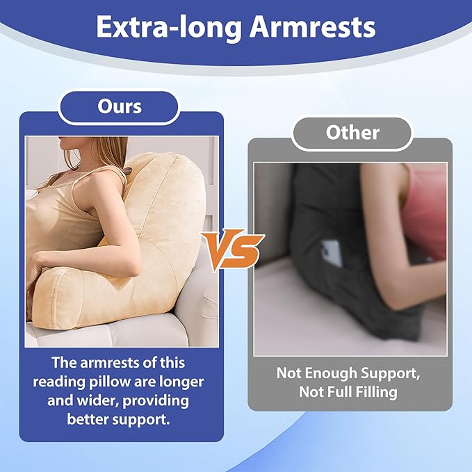 IASEAHK Reading Pillows for Sitting in Bed Adult, Back Pillow for Bed Sitting Up, Backrest Pillows with Shredded Foam for Adult&Teens, Support Pillow with Arms for Beds, Couch, Floor, 20in, Beige