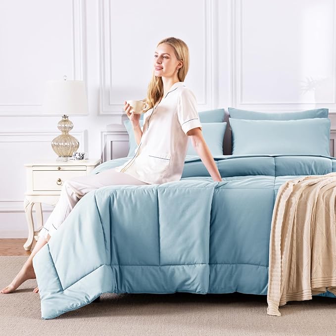 CozyLux Full Size Comforter Sets Light Blue, 7 Pieces Bed in a Bag, Blue Comforter Full Size, All Season Bedding Sets with Stitch Quilted Comforter, Flat Sheet, Fitted Sheet, Pillowcases