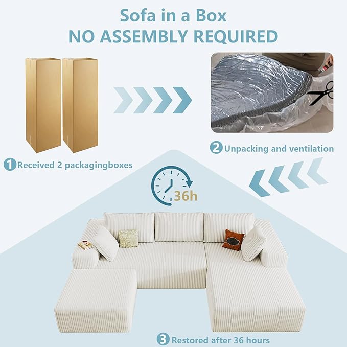 96" W Cloud Sectional Couch with Ottoman,Modern U-Shaped Cloud Couch with Deep Seat,Comfy Corduroy 3-Seater Sofa,Memory Foam Sofa for Living Room,No Assembly (White,Right-Facing Chaise)