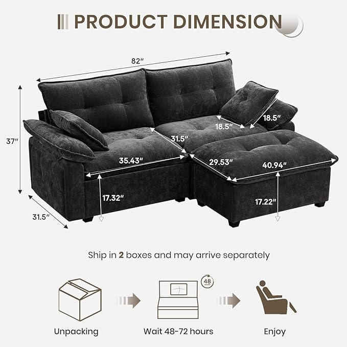 PALLOME 82" Deep Seat Comfy Cloud Couch, Modular Sectional Sofa with Movable Ottoman, L Shaped Chenille Sofa for Small Space, Modern Apartment Living Room & Office (Grey, 2-Seat + Ottoman)