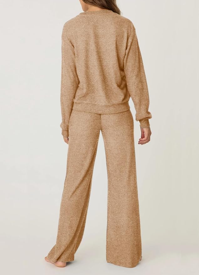 Aamikast Women's 2-Piece Lounge Set Soft Brushed Jersey Sleepwear Pajamas Set Long Sleeve Top & Wide Leg Pants