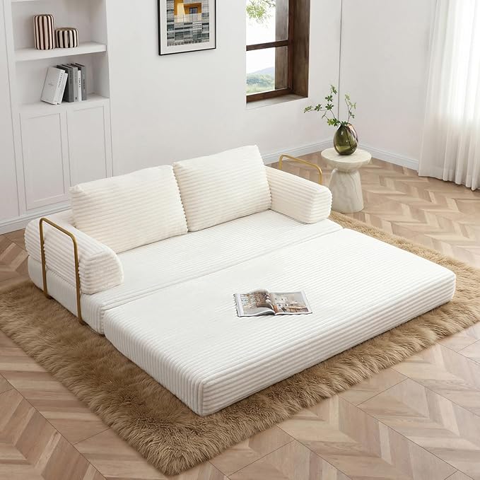 HANXIN 80 Inch Convertible Sleeper Sofa Bed, High Back Plush Corduroy Folding Floor Mattress Couch with Fixed-Shape Frame, Boneless Futon Loveseat with Pull Out Bed (Beige, 80" Loveseat Sofa Bed)