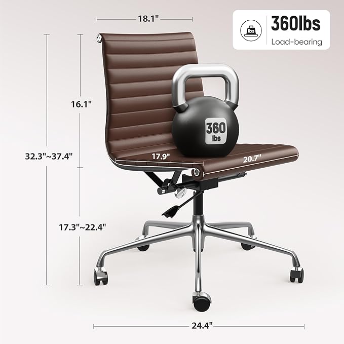 OTDMEL Armless Ribbed Office Desk Chair with Top Grain Leather, Mid Back Ergonomic Swivel Room Chair, Adjustable Height 5-Star Base, Brown