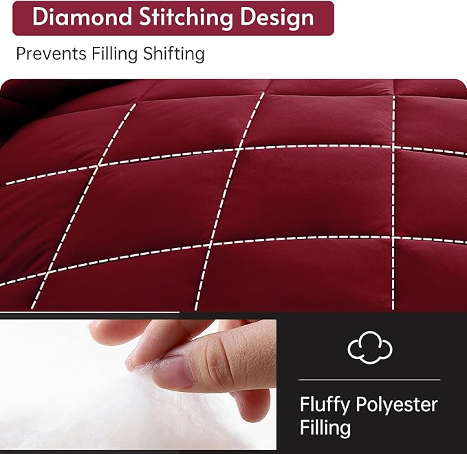 MUXHOMO 7 Pieces Full Comforter Set, Reversible Bed in a Bag Full Size, All Season Bedding Set with Comforter, Flat Sheet, Fitted Sheet, Pillowcases & Shams, Burgundy & Rose Gold