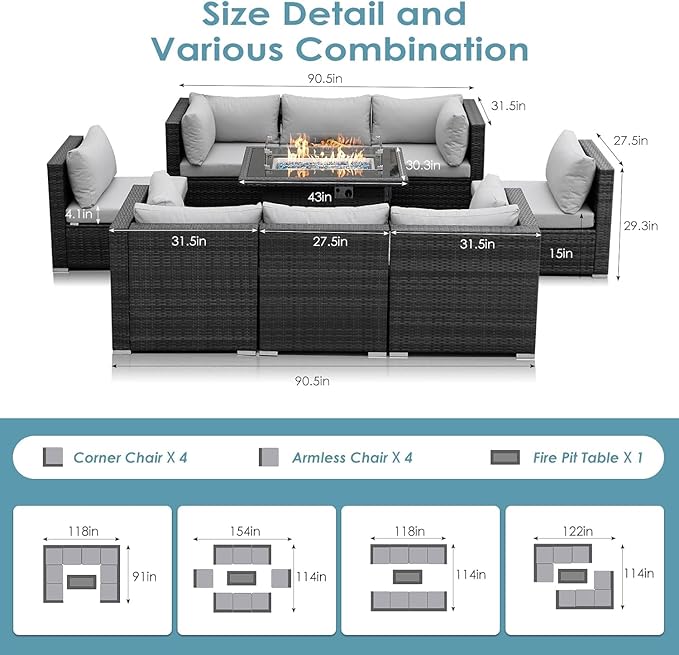 RADIATA 9 Piece Wicker Patio Furniture Set with Fire Pit, All-Weather Outdoor Sectional Couch High Back Large Size, Modular Backyard Seating Sofa Set with Propane/Natural Gas Firepit Table, Light Grey