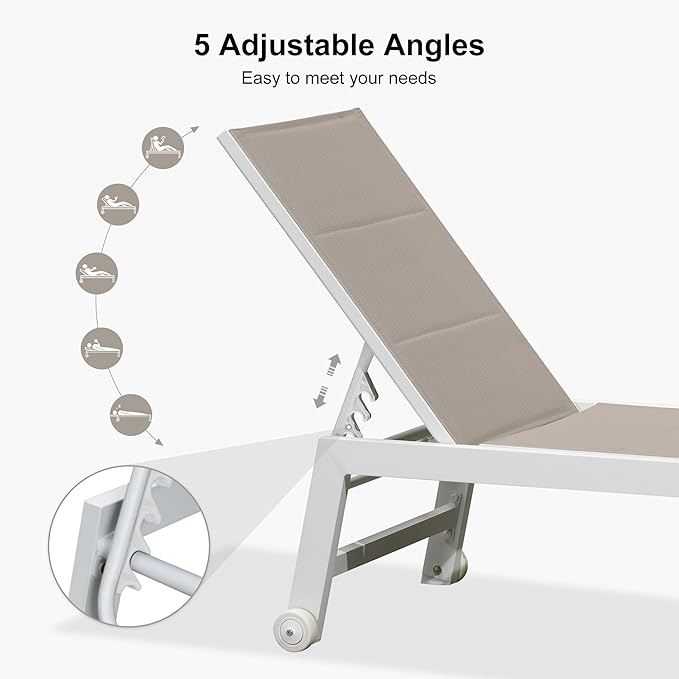 PURPLE LEAF Outdoor Oversized Chaise Lounge Set for Tall & Strong Individuals Adjustable Recliner Extra Wide Lounge Chairs with Side Table for Poolside Beach Patio Aluminum Chaise Lounger Khaki