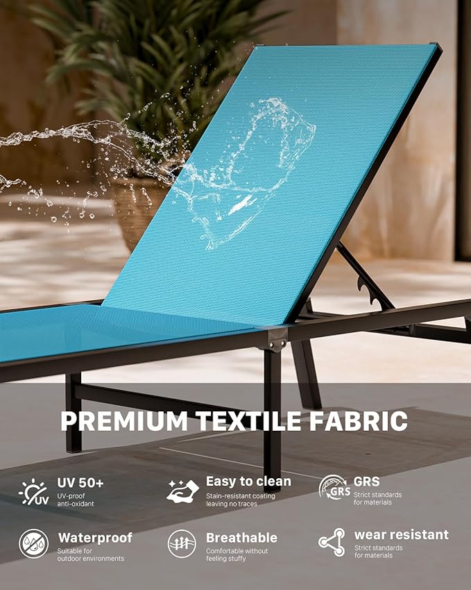 WOAJNQO Aluminum Patio Chaise Lounge Chair Set of 2 with Side Table,5-Position Adjustable Backrest,Foldable Lounge Chair Outdoor,Pool Lounge Chairs for Poolside,Lawn,Deck,Beach (Blue, 2 Pack+Table)