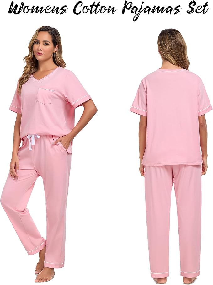 CF Women's 100% Cotton Pajama Sets Soft Short Sleeve Tops & Pants Comfy Sleepwear 2 Piece Lounge set with Pockets Loungewear