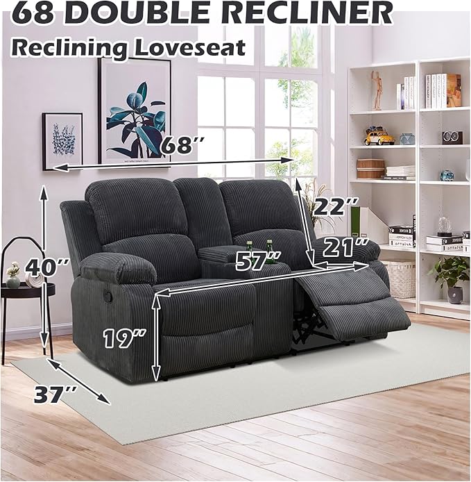 SIENWIEY Manual Recliner Sectional Sofa for Living Room,L Shaped Reclining Sectional Corner Couch with Loveseat,Gray Corduroy Recliner Sofa Set with Storage Console/Drop Down Coffee Table/Cup Holders