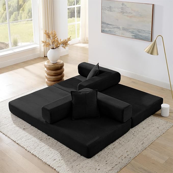Antetek Convertible Futon Sofa Bed, 3-Seater Modern Corduroy Foam Floor King Size Bed Fold Out Sleeper Lounge Loveseat Sofa Couch with 2 Throw Pillows for Living Room Bedroom Guest Room, Black