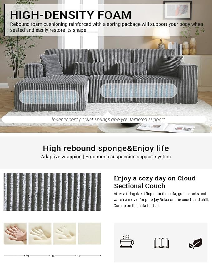 110” Modular Sectional Sofa, Cloud Sectional Couch with Deep Seat, Upholstered Boneless Couches for Living Room, Modern Modular L-Shape Sofa Couch with Chaise (Grey, 110" Left Facing Chaise)