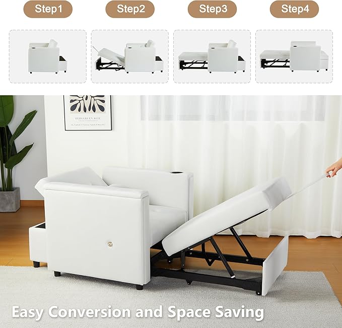 Velvet Convertible Chair Bed, 3 in 1 Multi-Functional Lounge Chair Sleeper, Pull Out Couch Guest Bed with Hidden Table and Adjustable Backrest for Living Room (White)