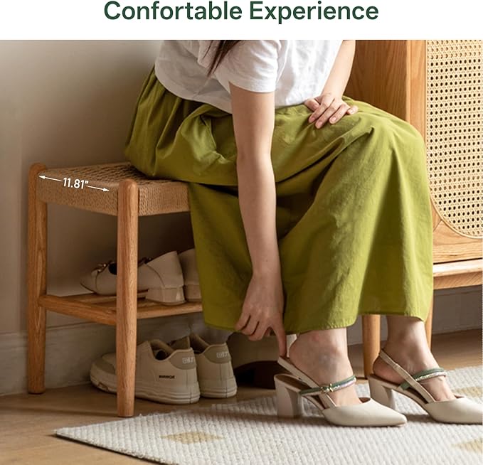 Vadisun Solid Oak Shoe Bench Assembled, Farmhouse Shoe Rack Bench with Woven Rope Design for Entryway, Living Room, Bedroom, Hallway, 11.8" x 31.5" x 16.1", Natural