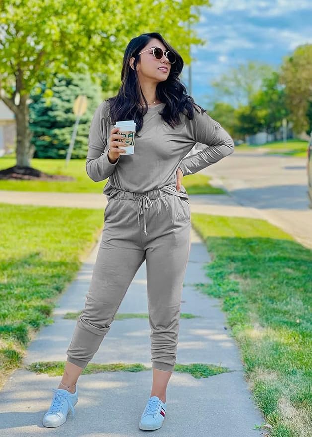 PRETTYGARDEN Women Fall 2 Piece Lounge Outfit Long Sleeve Tops High Waisted Jogger Pants Set Spring Travel Clothes Tracksuit