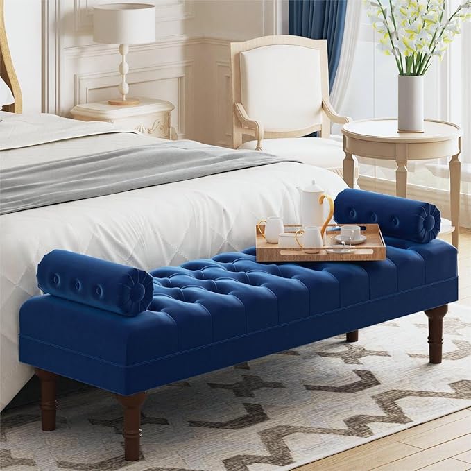 60.2" End of Bed Bench,Large Size Velvet Bench for Bedroom,Upholstered Window Bench with Button-Tufted,Entryway Bench,Storage Bench for Living Room(Blue)