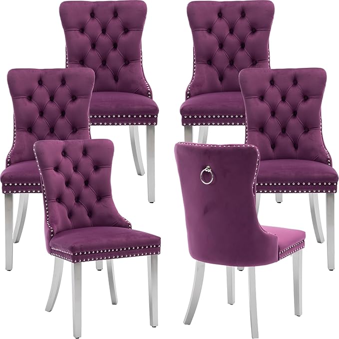 YeahFurn Mid Century Modern Dining Chairs Set of 6, Purple Velvet Upholstered Tufted Back, Kitchen & Dining Room Chairs, Brushed Silver Metal Legs, Nailhead Trim, Sillas para Comedor (Purple, 6 Pcs)