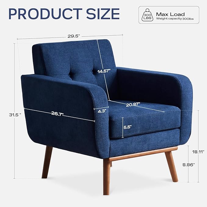 HUIMO Fabric Accent Chair, Mid Century Modern Arm Chair, Button Tufted Living Room Chairs for Bedroom Study Office (Dark Blue)