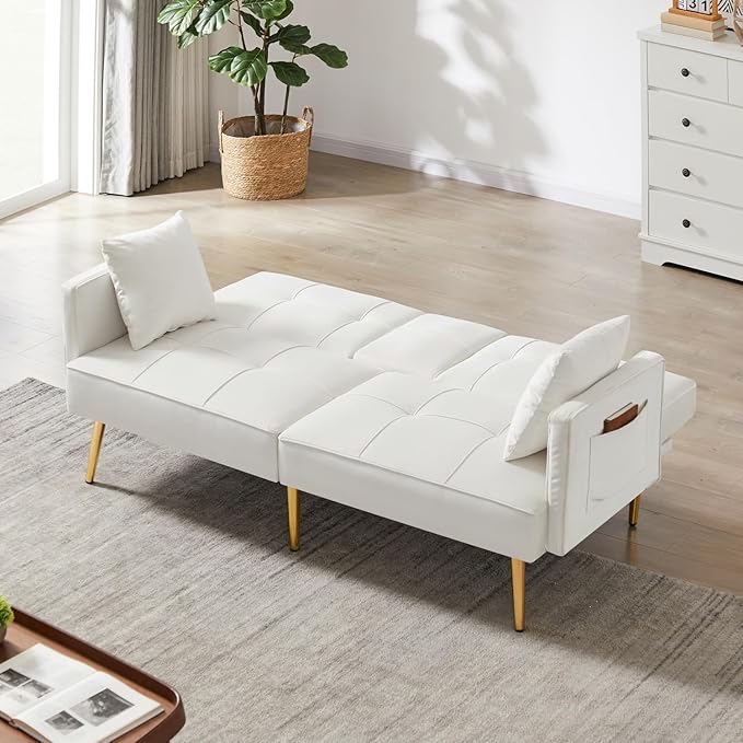 oaaktu Futon Convertible Couch Bed - Velvet Fabric Futon Bed with Gold-Colored Metal feet & 2 Cupholders, Folding Loveseat for Apartment, Dorm, Office (Beige)