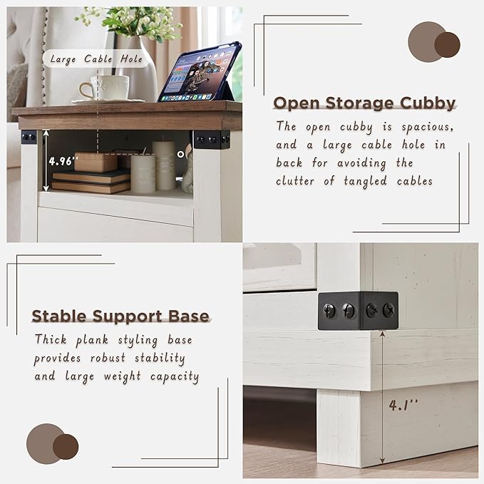 RedLemon Farmhouse Nightstand with Charging Station, 18" Rustic Night Stand with 2 Storage Drawers, Wood End Table for Bedroom, Living Room, Antique White
