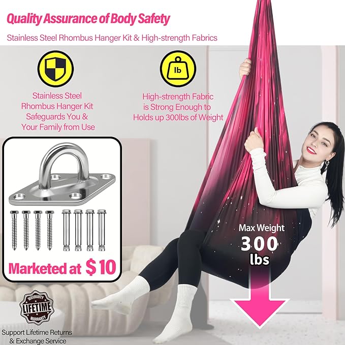 Sensory Swing for Kids Holds up to 300lbs Indoor & Outdoor Therapy Cuddle Swing with Hammock Hooks Hanger Kit for Calming, Effect for Autism, ADHD or SPD. (Space Pink)