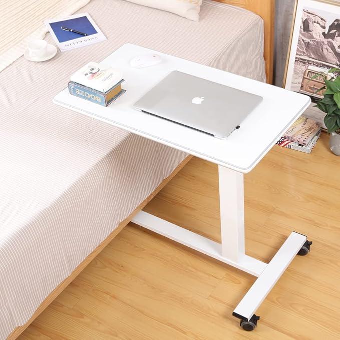 TigerDad Pneumatic Adjustable Overbed Table with Gas Spring Riser | Medical Adjustable Bed Side Table with Wheels | Portable Standing Desk for Laptop Computer with Large Work Space 30.7"x 17"