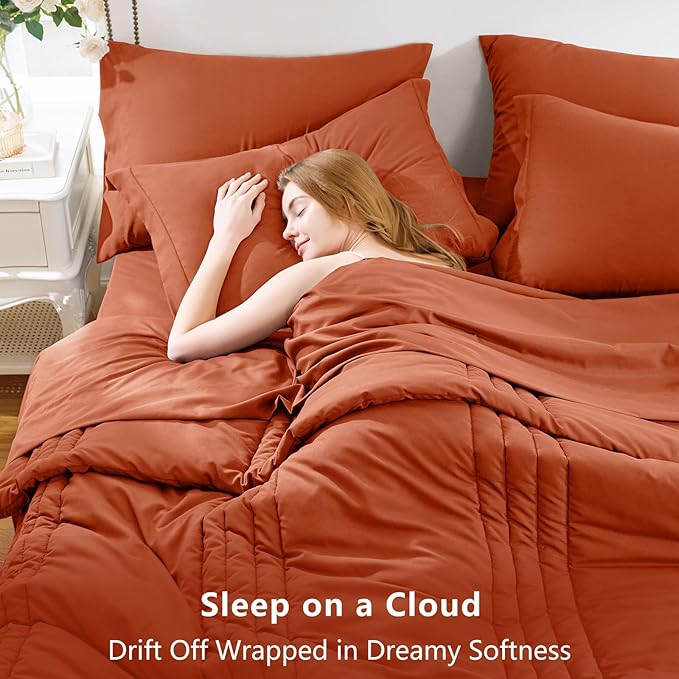 CozyLux Queen Size Comforter Sets - 7 Piece Bed in a Bag Terracotta Comforter Set with Sheets Queen Bed Set All Seasons, Bedding Set with Down Alternative Comforter, Sheets, Pillowcases & Shams