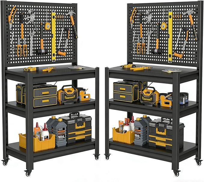 2 Sets Work Bench with Pegboard,Heavy Duty 3000lbs Capacity Workbench with Wheels Adjustable Shelves,Tool Cart,Work Table 47.2" H*33.46" W*18" D